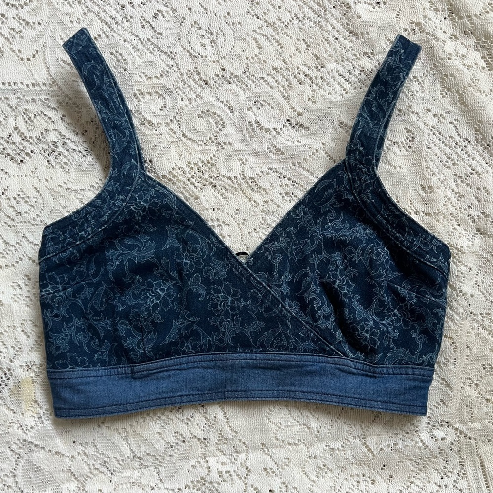 Printed Denim Jean Bralette Fitted Crop Top (unbranded) zipper back